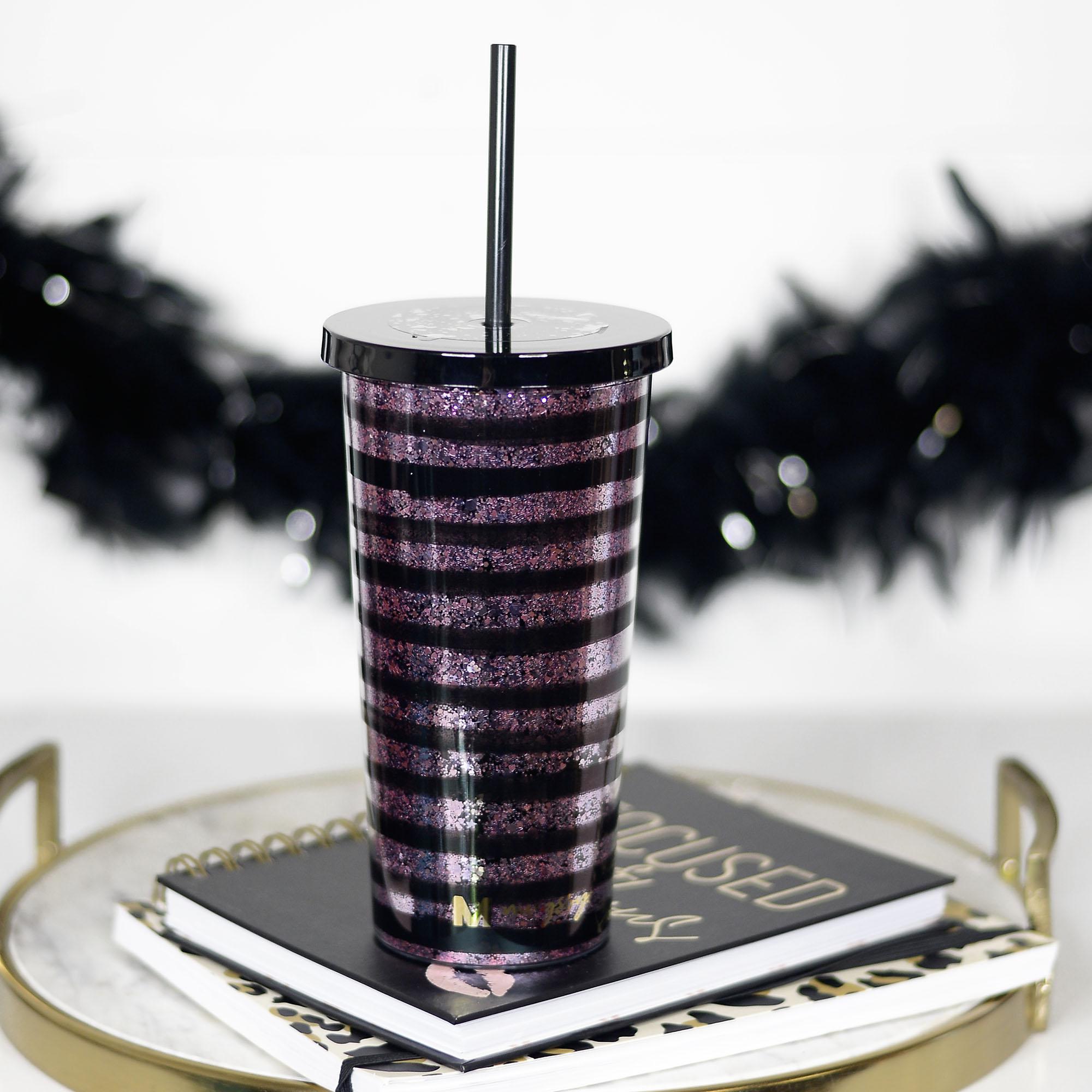 Black Stripes and Purple Glitter Tumbler with Straw