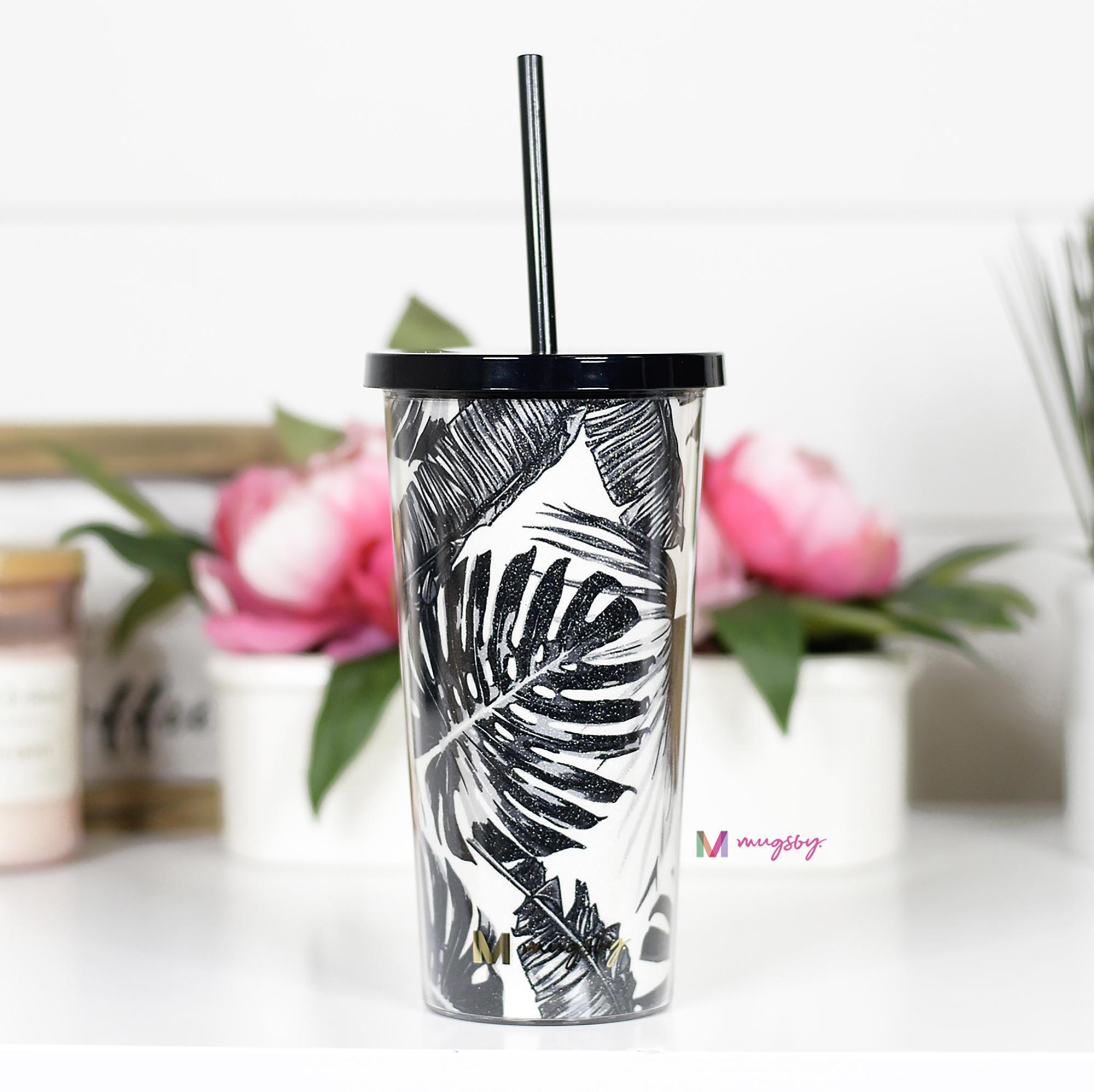 Black and White Palm Tumbler with Straw