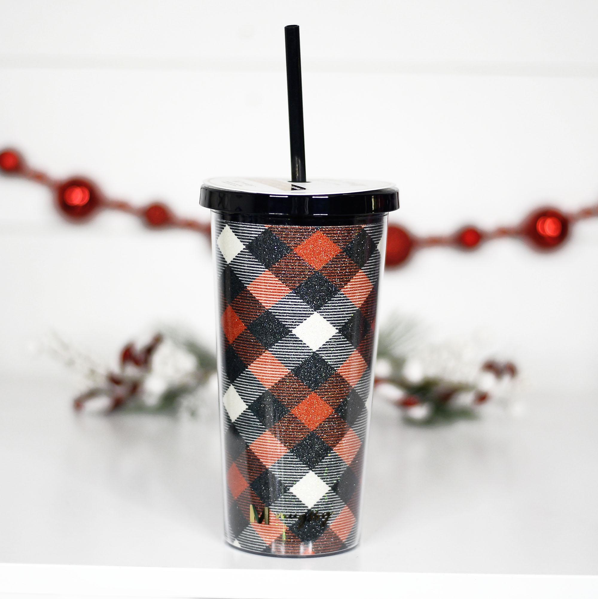 Red and Black Plaid Glitter Tumbler with Straw